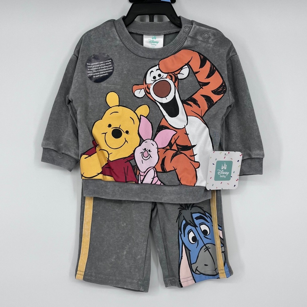Disney Baby Winnie the Pooh Set Baby 0-3M‎ Grey Mineral Wash Sweatshirt Shorts